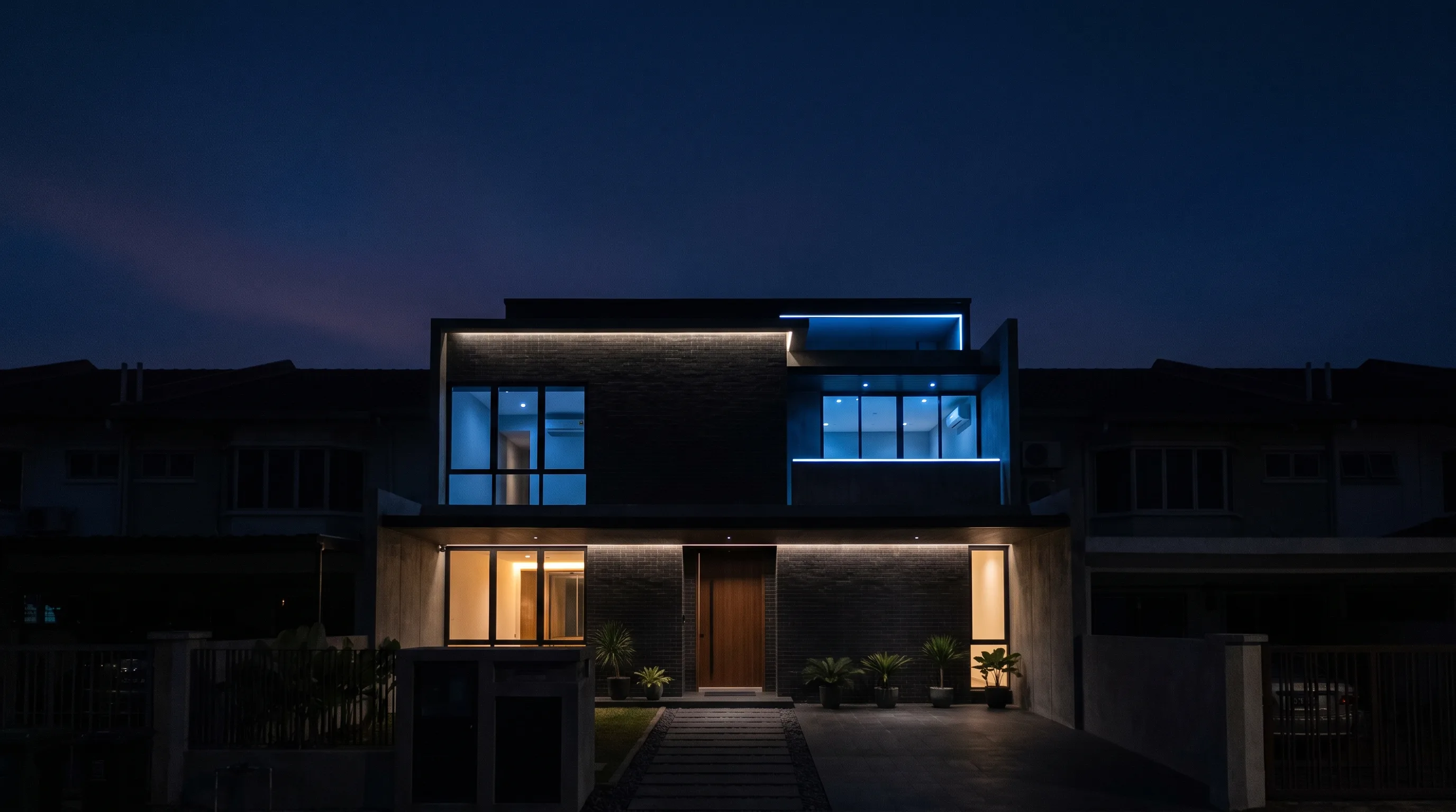 Terrace house with smart lighting at night