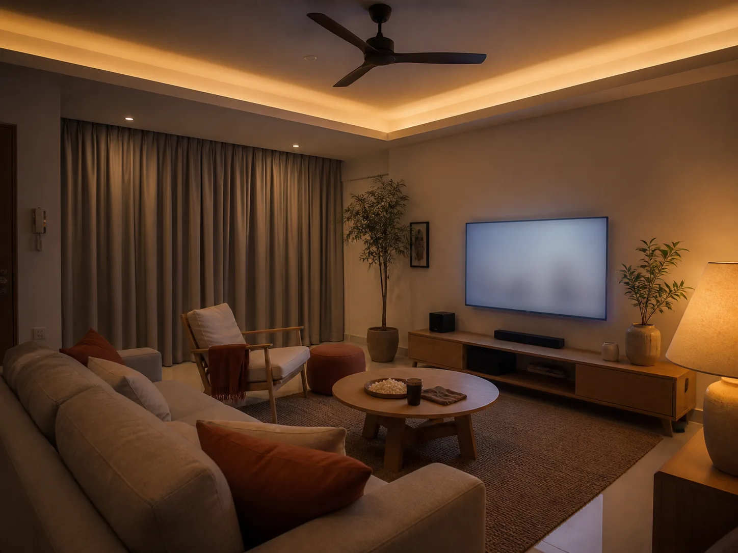 Living room dimmed for movie night