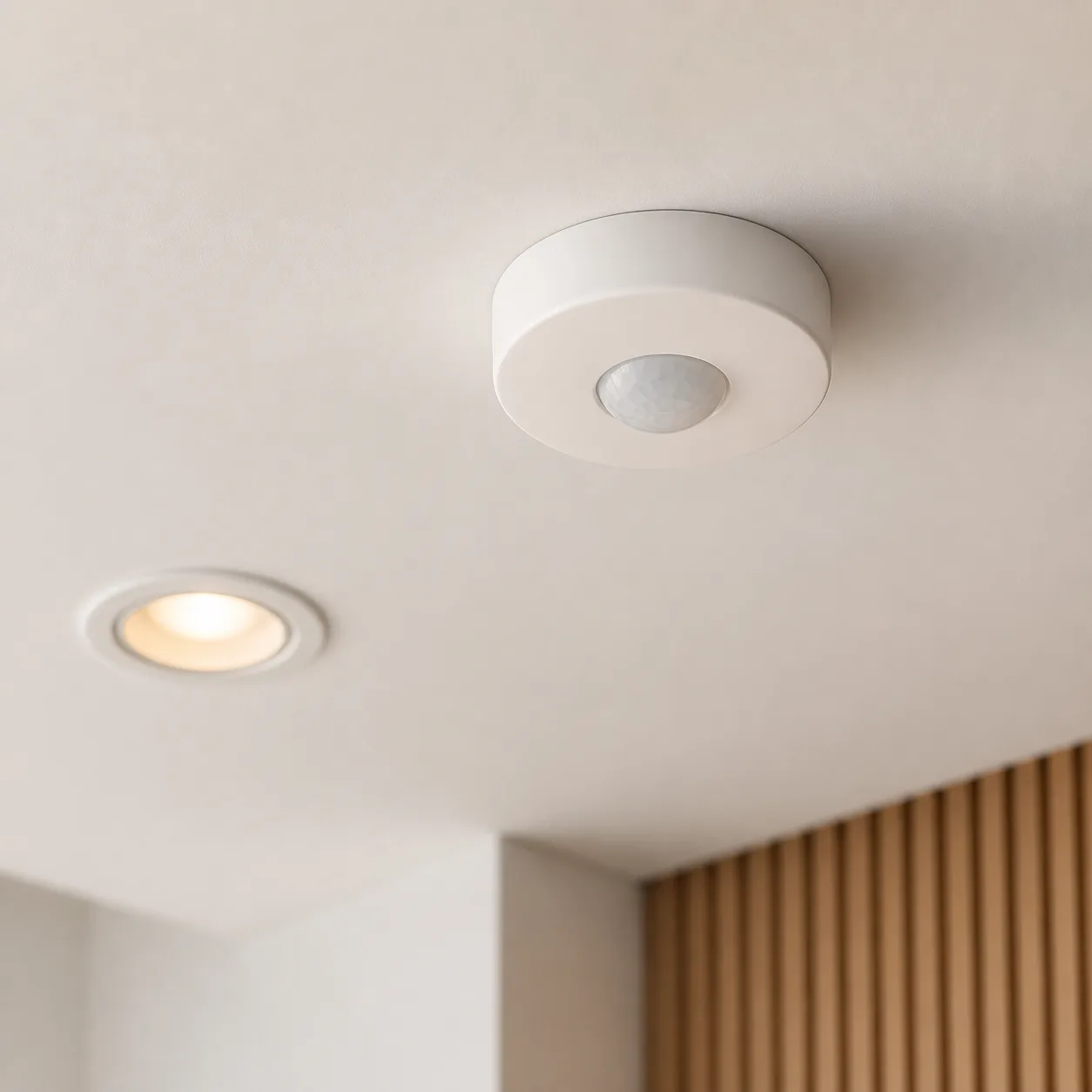 Ceiling motion sensor beside a downlight
